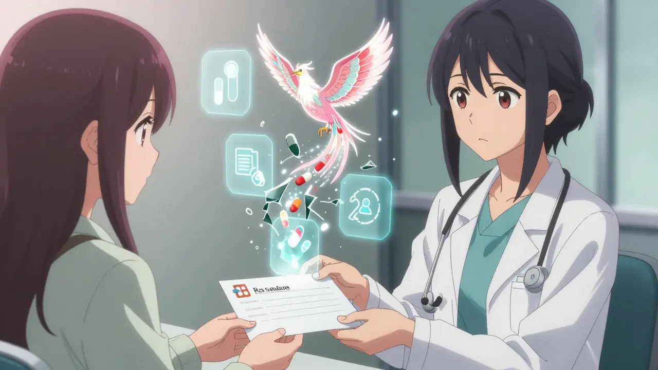 Doctor handing a personalized medical letter to a patient as failed drugs shatter into light.
