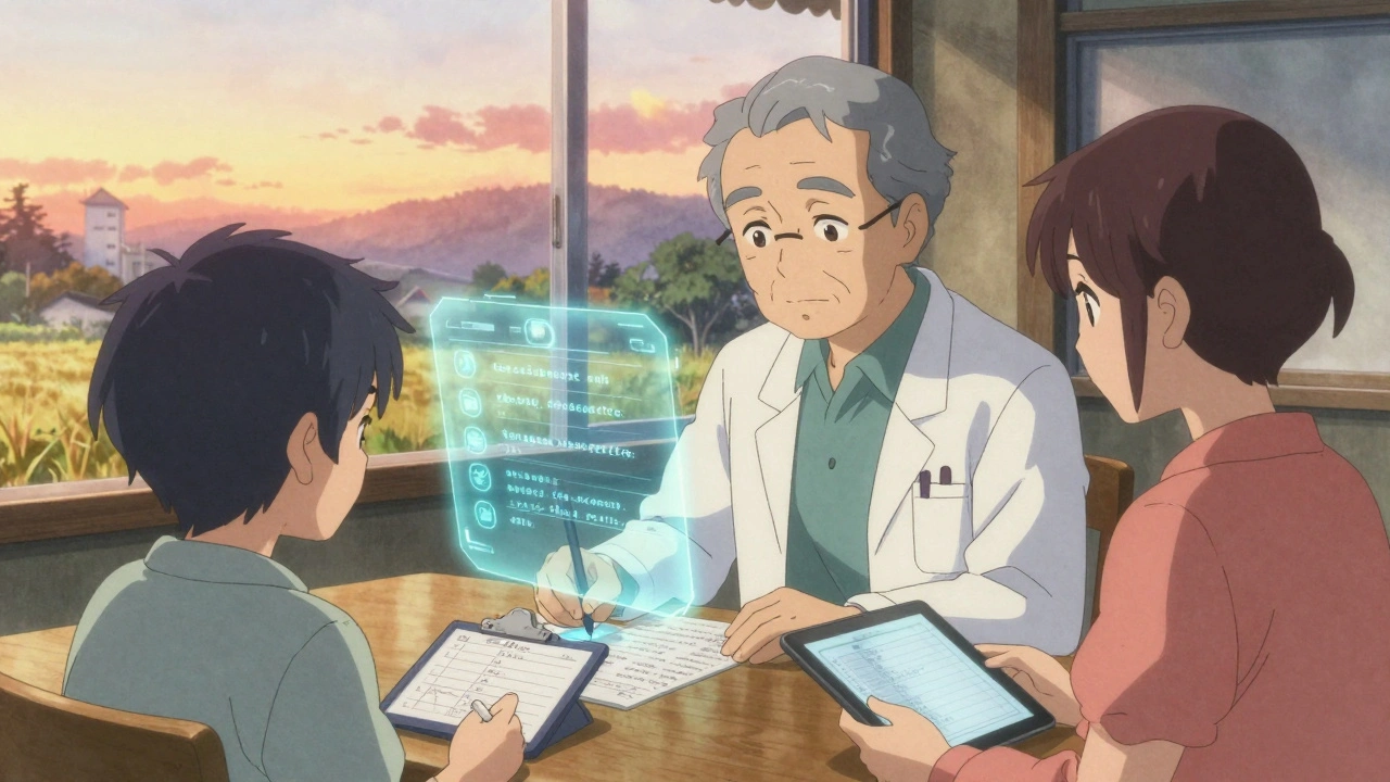 Doctor writing a prescription with an AI hologram correcting it in a rural clinic, patient holding a digital tablet nearby.