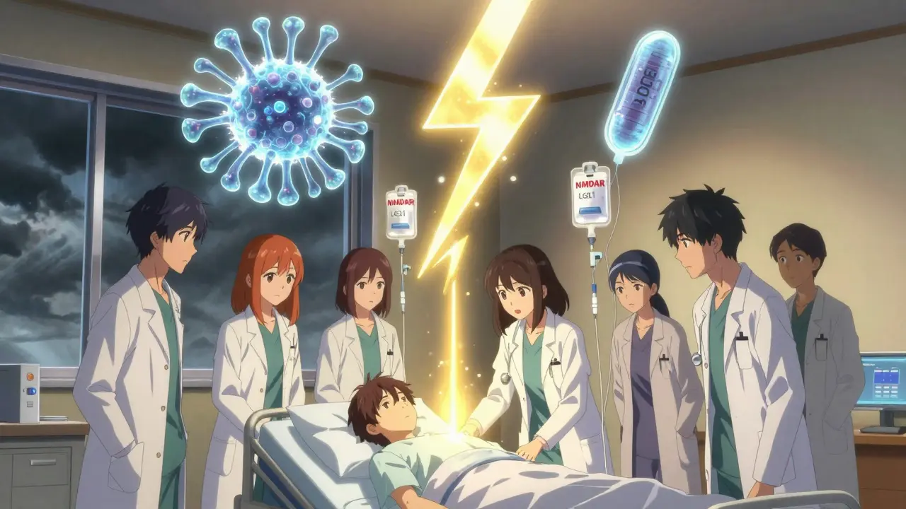 Doctors treating patient as giant antibody spirits hover above, therapeutic light beams descending.