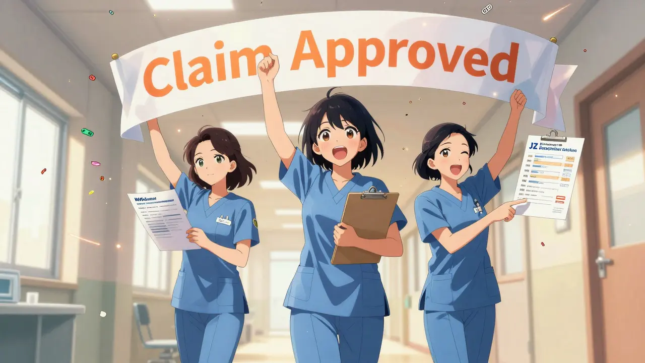 Healthcare team celebrating approved claims with coding guides and JZ modifier checks in a sunlit hallway.