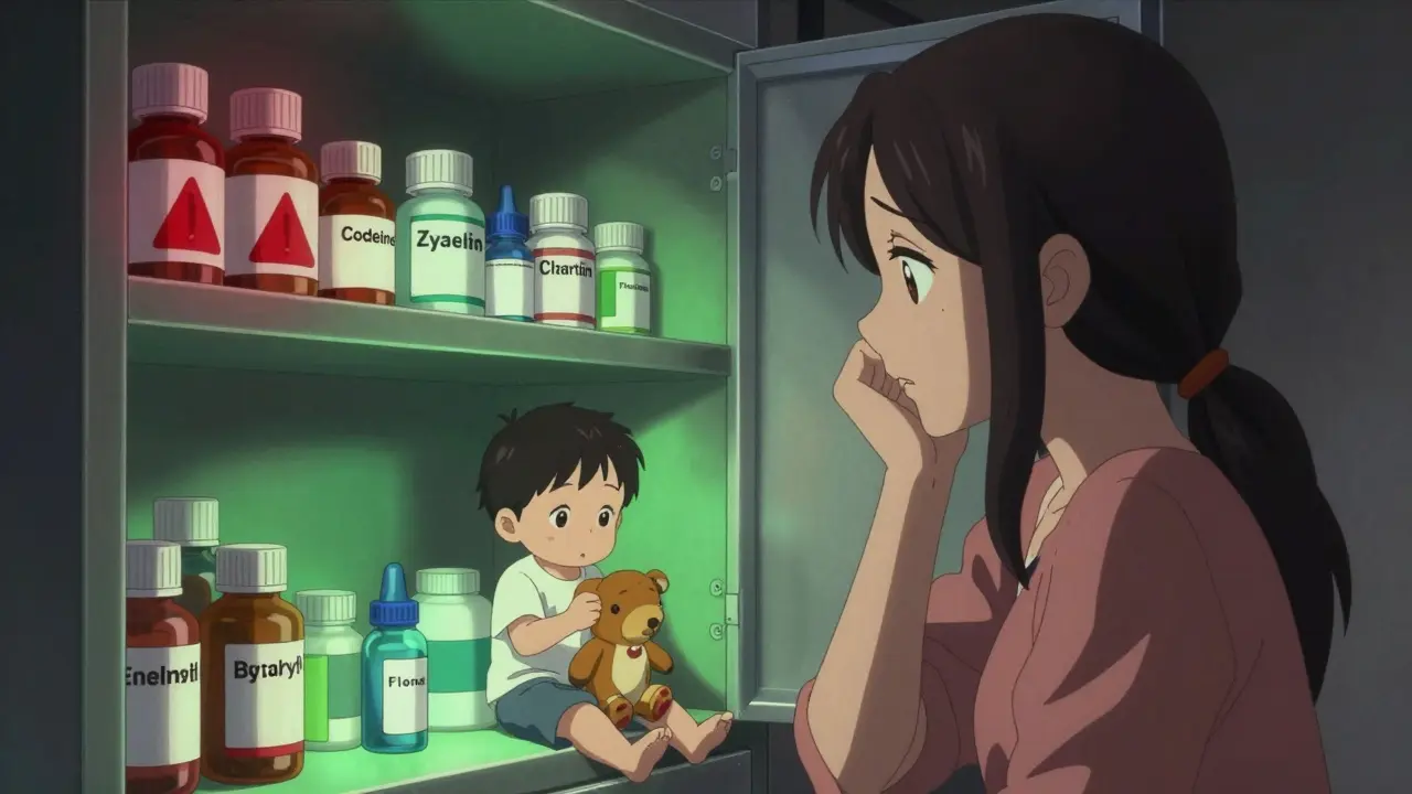 Mother choosing safe allergy medications while dangerous ones glow red in a cabinet.