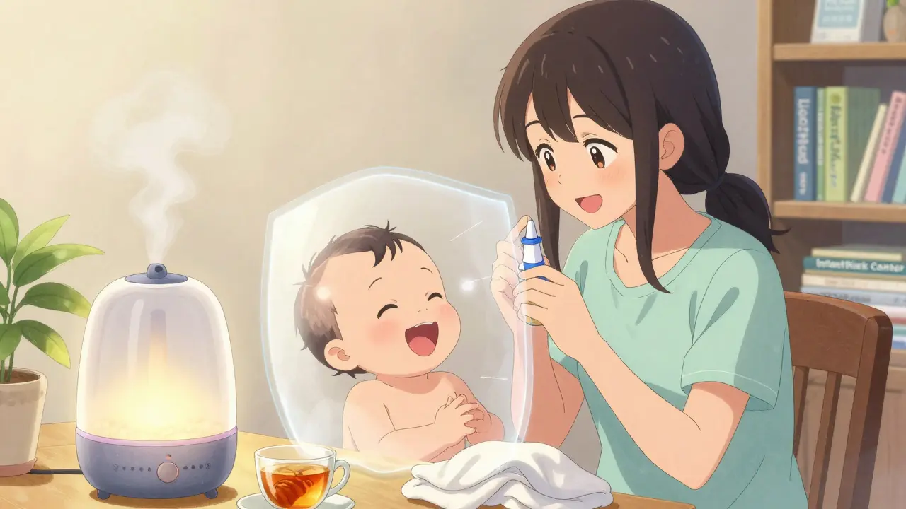 Mother using saline spray with baby nearby, surrounded by humidifier and natural remedies.