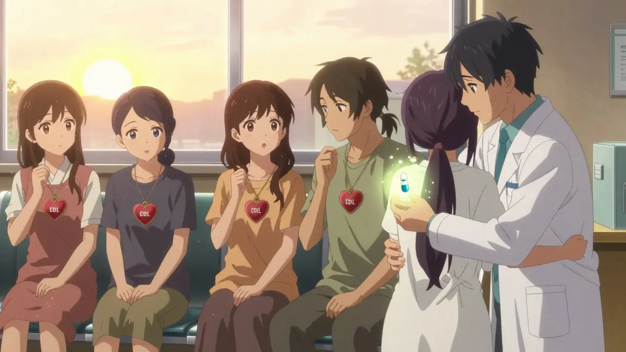 Patients in a clinic hold heart-shaped lockets with cholesterol numbers, receiving new treatments with support.