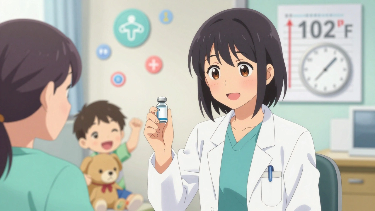 Pediatrician explains vaccine timing to a parent, clock showing 4 hours, child playing nearby.