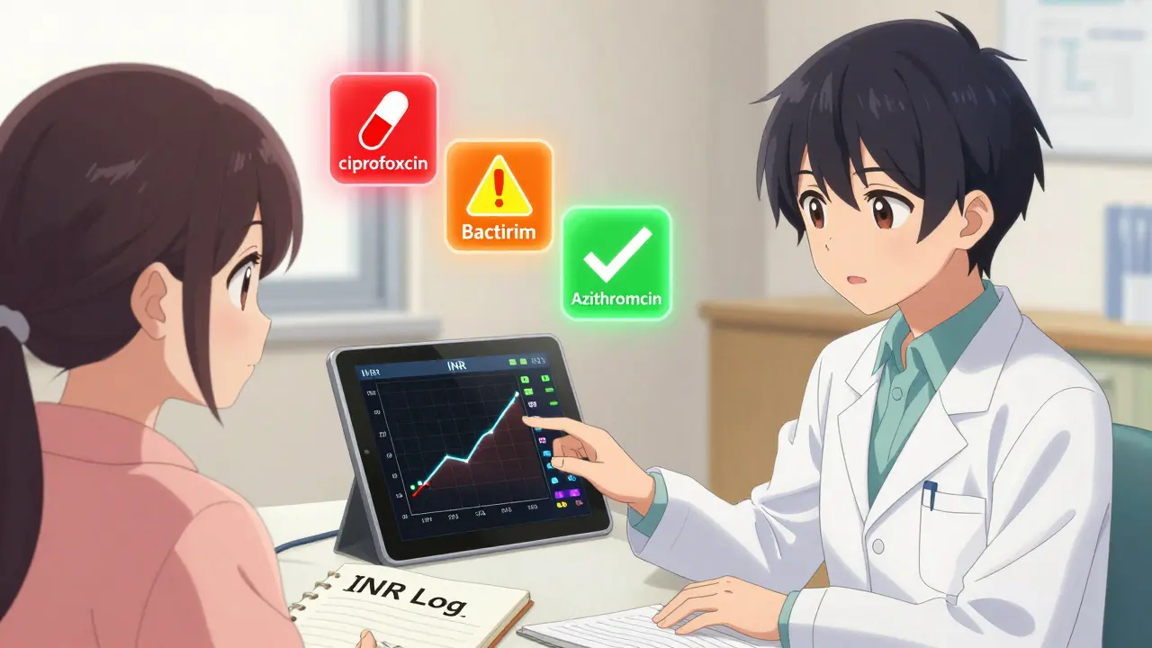Pharmacist and patient reviewing INR graph with floating antibiotic risk icons