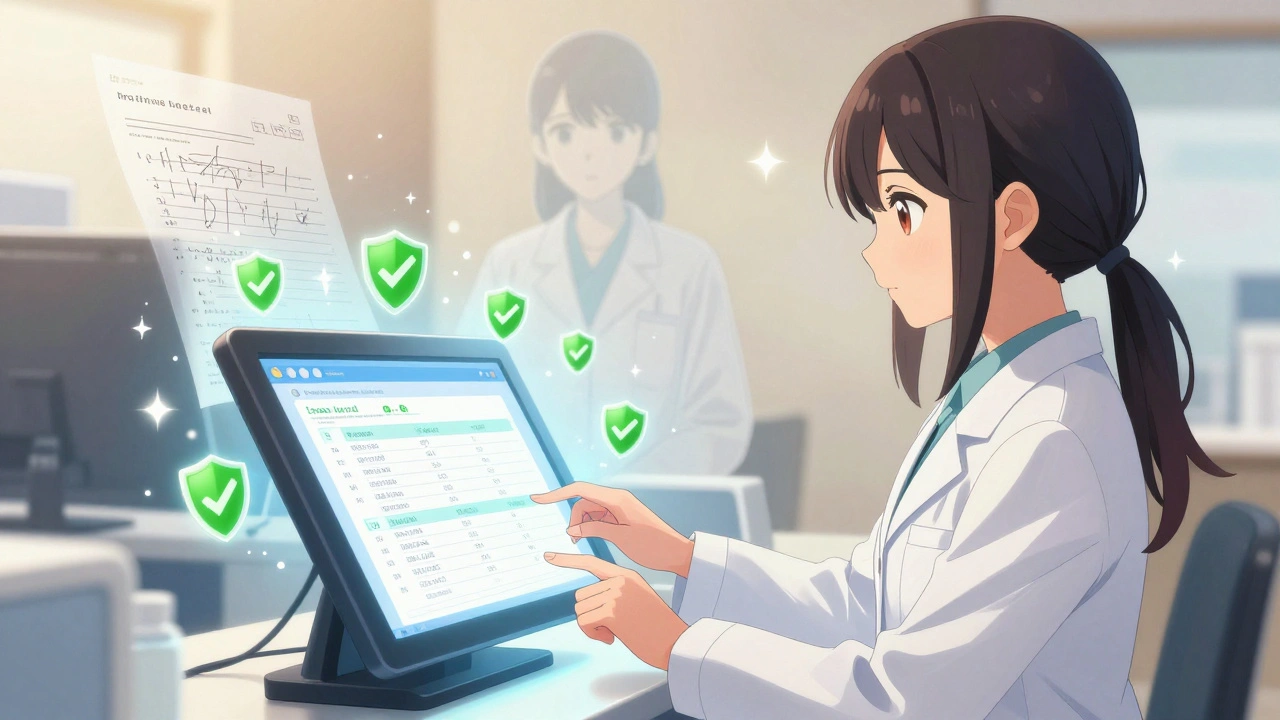 Pharmacist using a digital e-prescribing system with glowing safety icons, a fading paper prescription dissolving behind her.