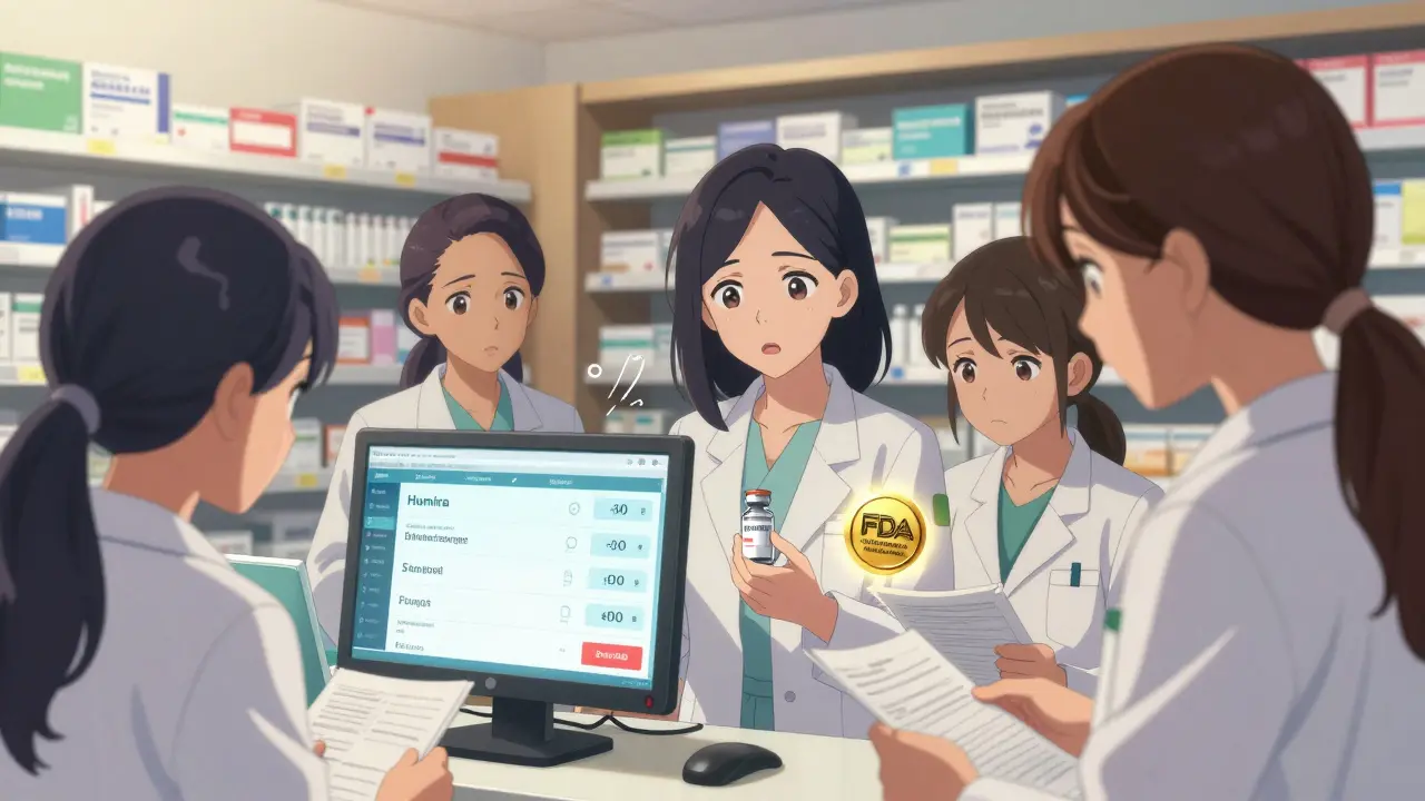 Pharmacy team reviews biosimilar options for Humira on a digital screen with FDA-interchangeable badge visible.