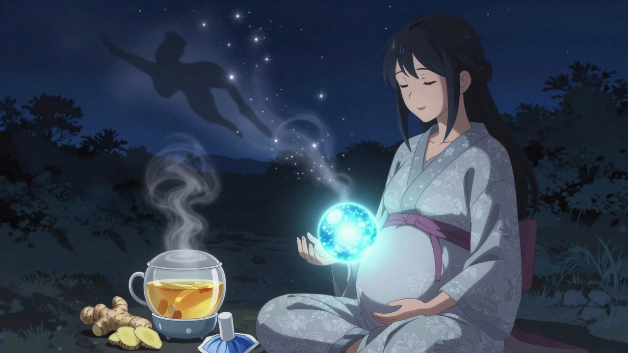 Pregnant woman meditating at night with safe remedies glowing around her, risky drugs dissolving into starlight.