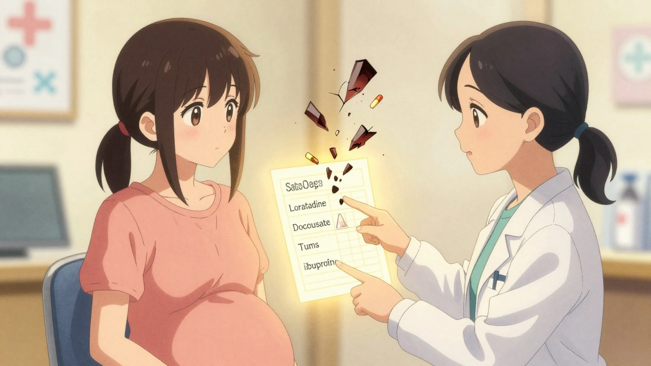 Pregnant woman with doctor reviewing safe pregnancy medications as dangerous drugs fade away.