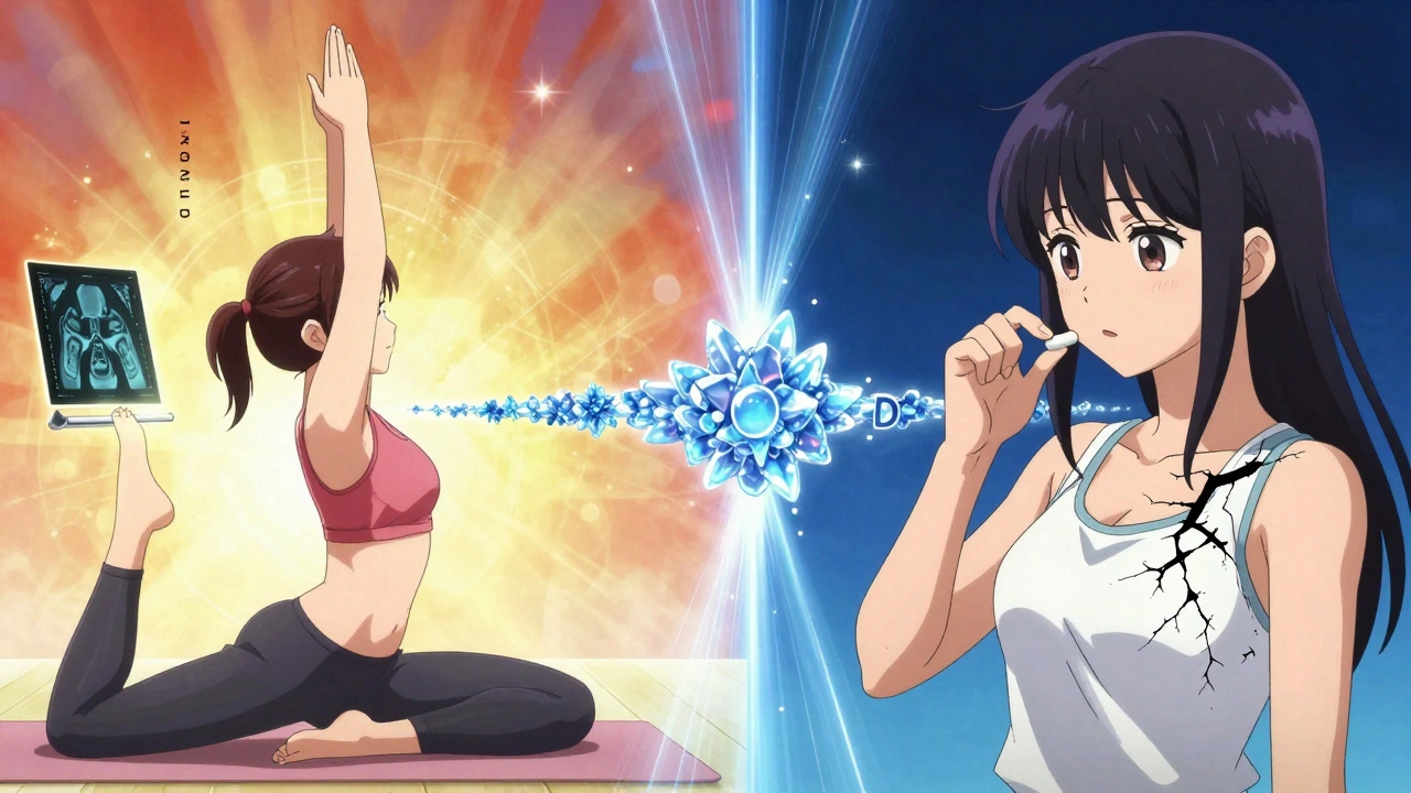 Split image: healthy bone density vs. steroid-damaged bones, connected by a crystal bridge.