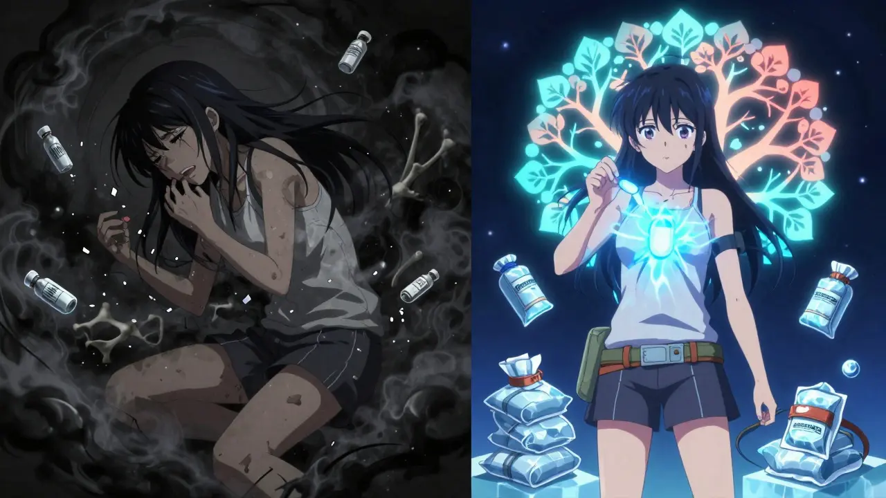 Split scene: one side shows a fading figure overwhelmed by opioids, the other shows the same person empowered by non-opioid treatments and radiant energy.