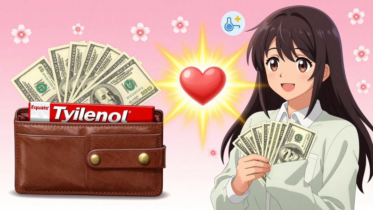 Split-screen showing money saved by choosing generic medicine, with a heart formed from a dollar sign.