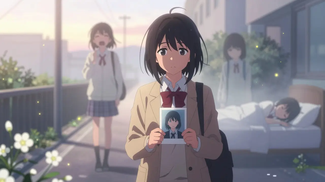 Survivor at sunrise with ghostly past selves fading away, flowers blooming and biomarker particles rising.