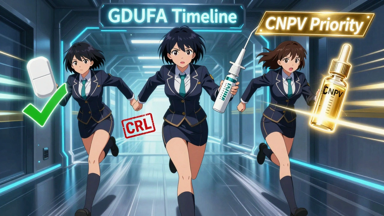 Three analysts racing through a timeline corridor with different drug types and priority banners.