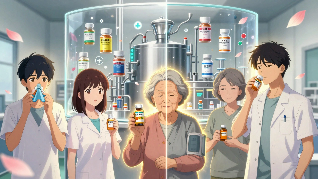 Three patients holding authorized generic pills, bathed in golden light, with a shared manufacturing facility visible behind them.