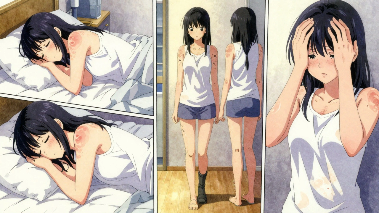 Three young people experiencing different MS symptoms, with faint lesions glowing on their skin.