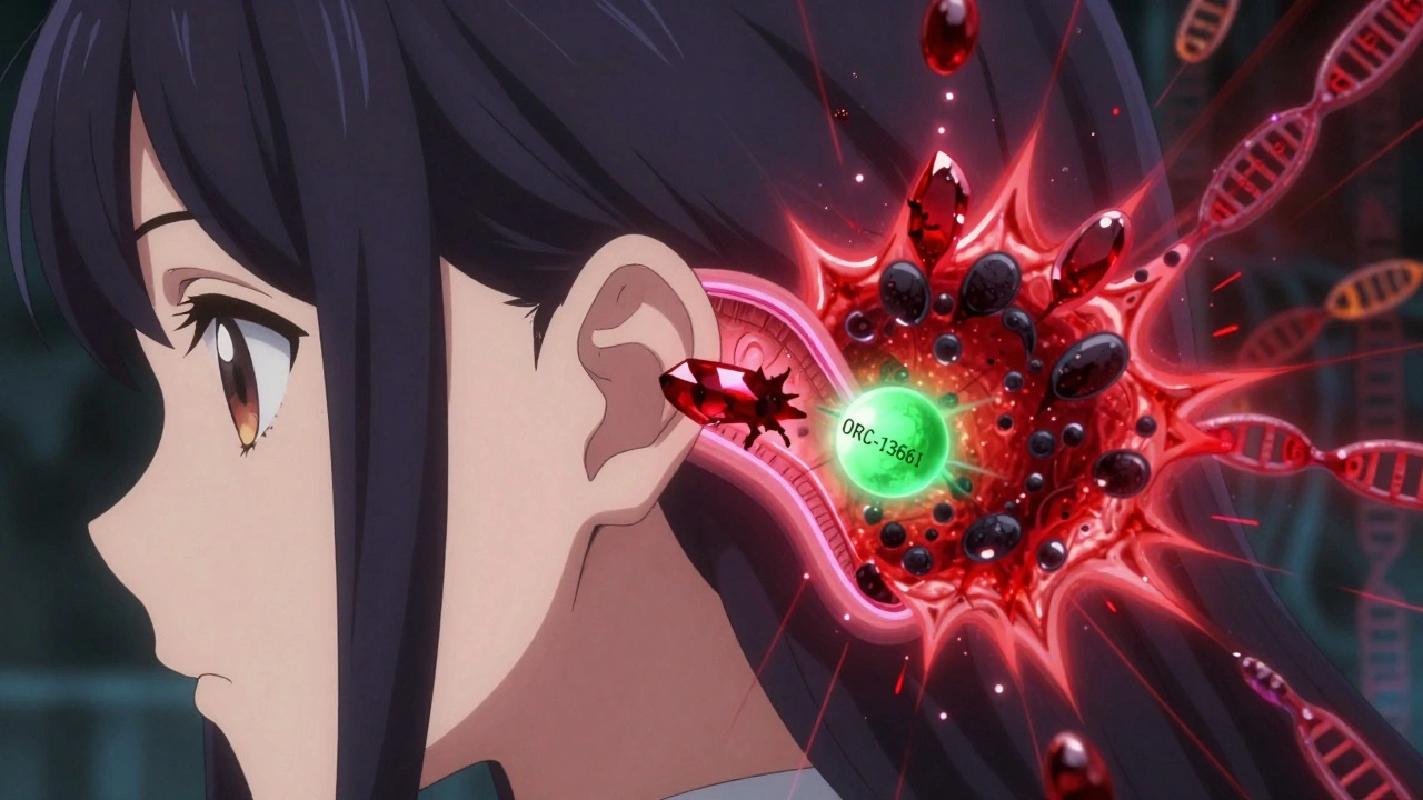 Transparent cross-section of an ear showing a toxic molecule destroying hair cells, with a protective molecule trying to shield them.