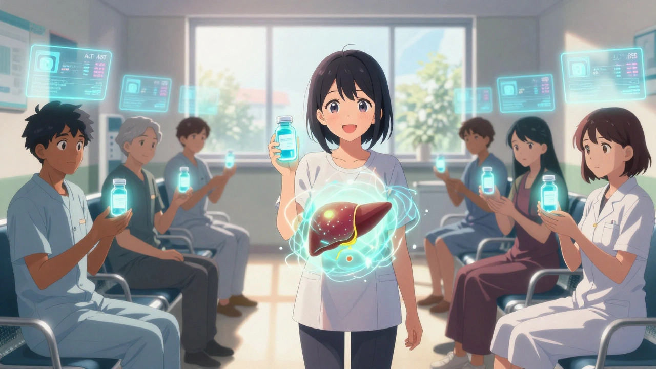Transplant patients in a clinic hold smart pill bottles, with holographic health data glowing above them as light shines forward.