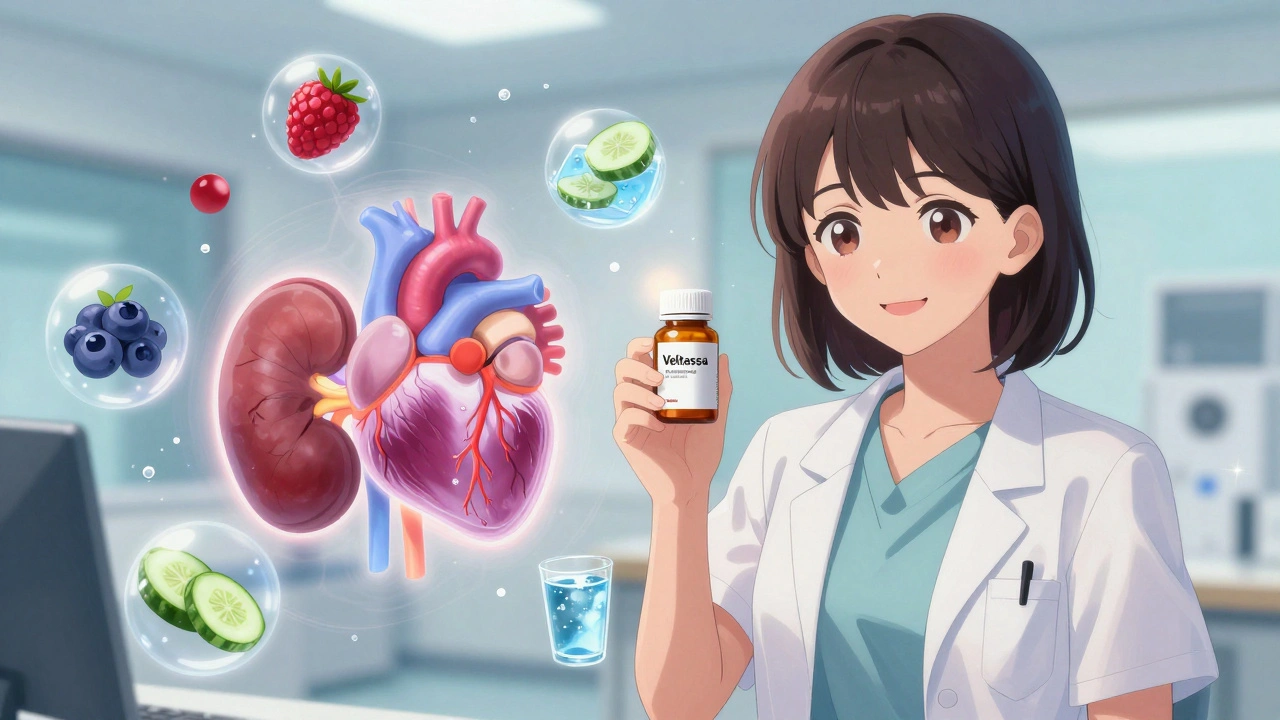 Woman holding potassium binder pill beside doctor, with safe foods and glowing heart and kidneys.