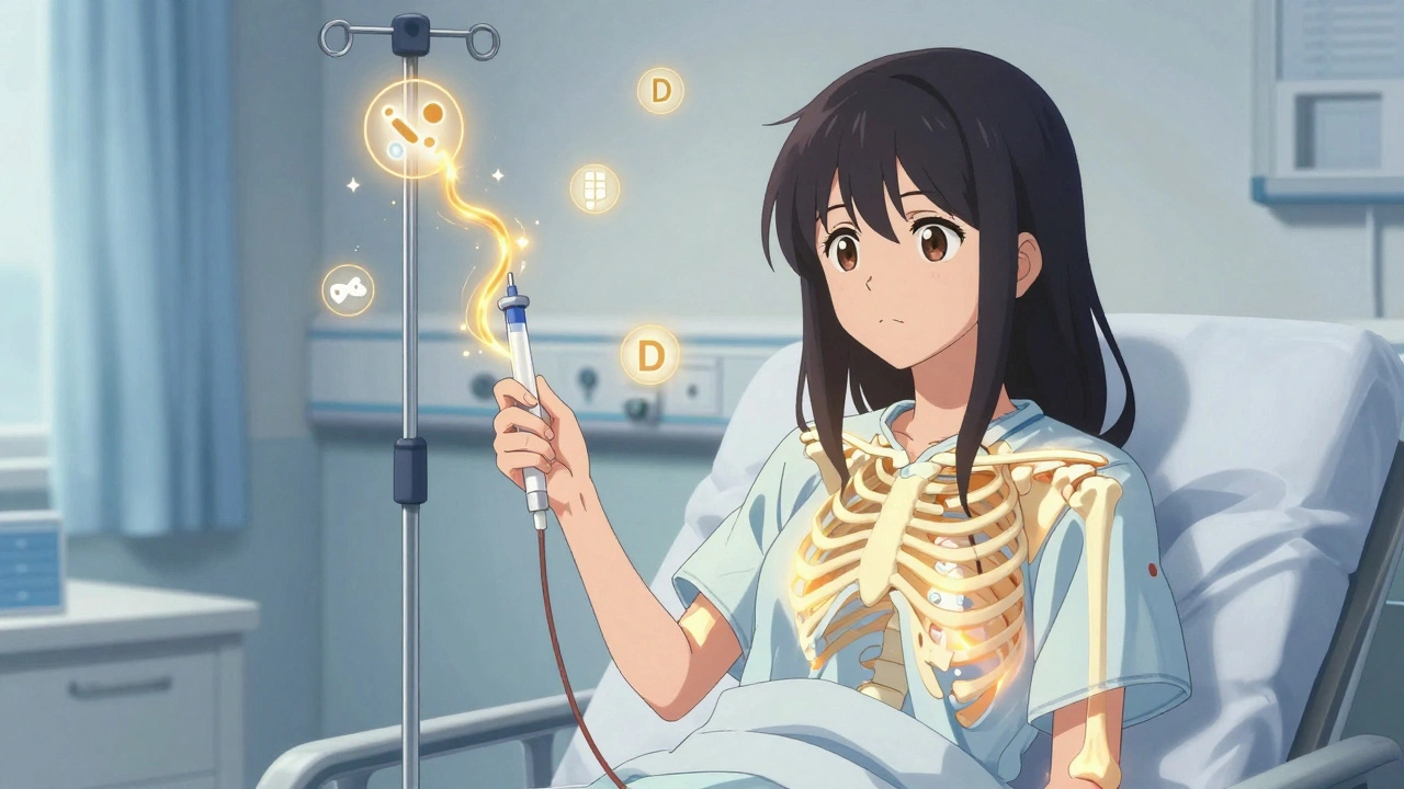Woman receiving IV bone treatment, golden energy rebuilding her skeleton.