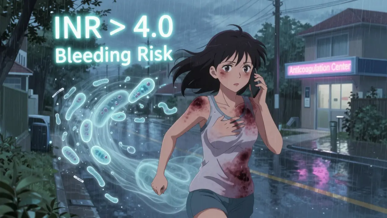 Woman running with spreading bruising as gut bacteria vanish, clinic sign in distance