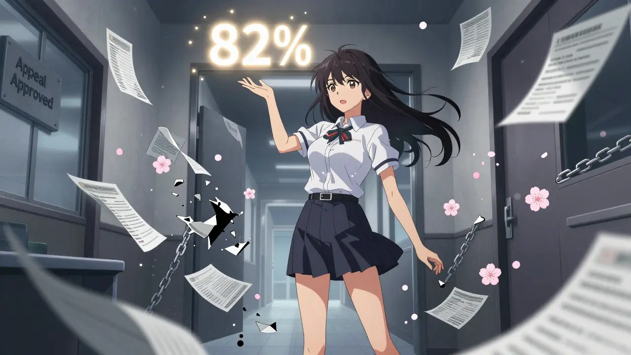 Woman standing strong as insurance paperwork breaks apart, with an 82% success symbol glowing above.