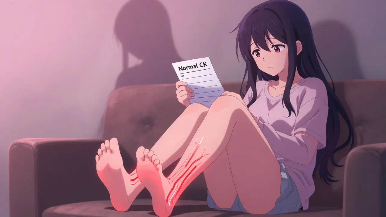 Woman touching her toes with tingling neural lines glowing from her feet, holding a normal CK blood report.