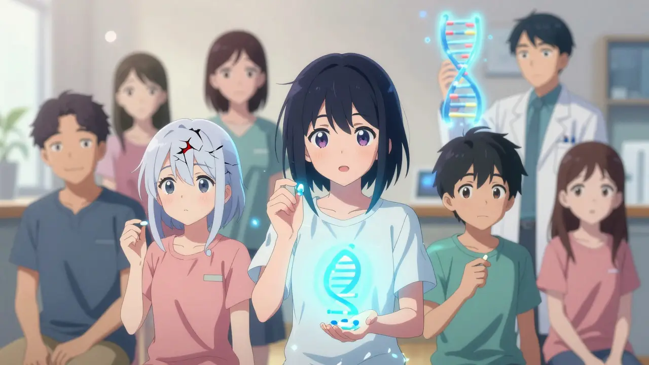 Young patients hold different antifungal pills, each with colored auras representing safety levels, a doctor holds a glowing DNA helix.