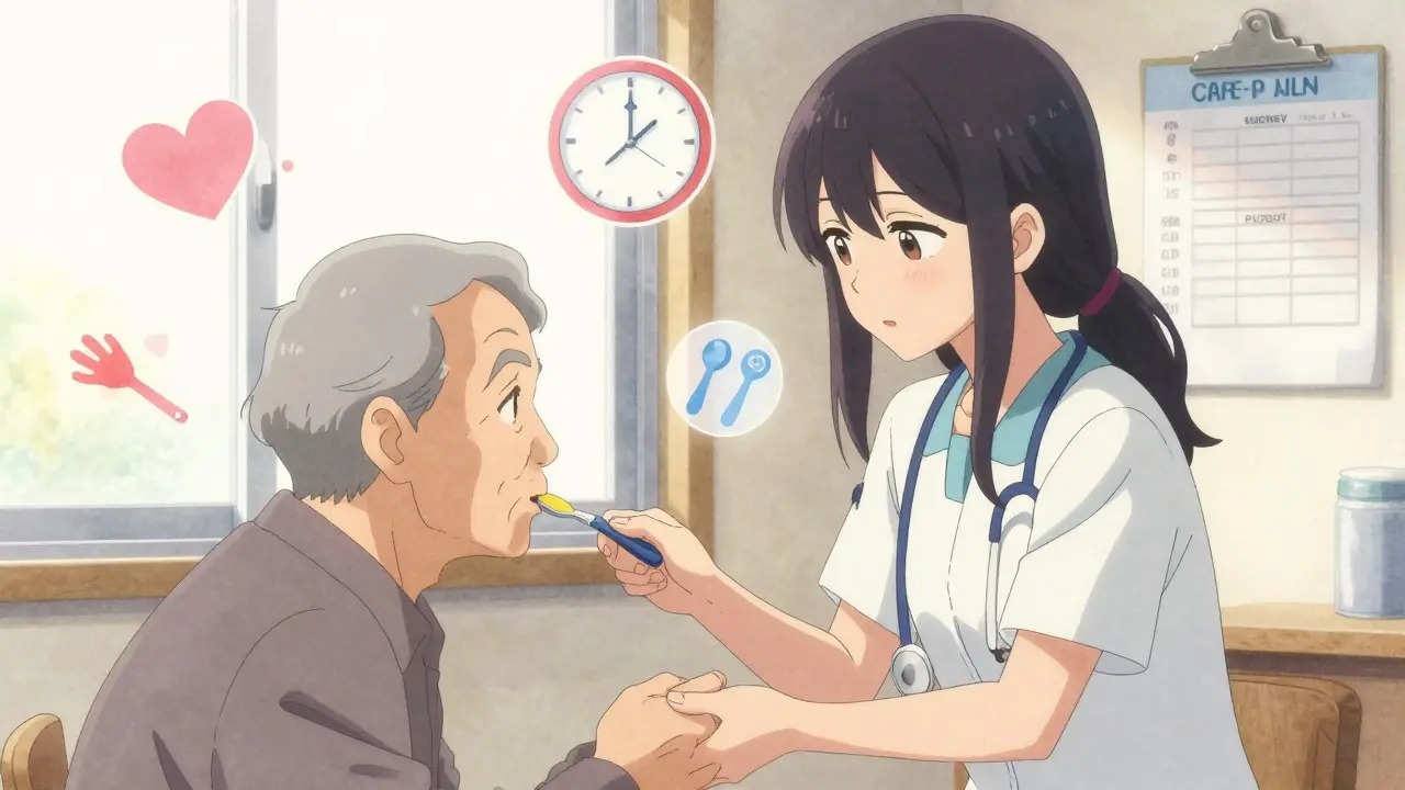 A caregiver assisting someone with Huntington’s disease during a meal, adaptive tools and care plan visible in warm sunlight.