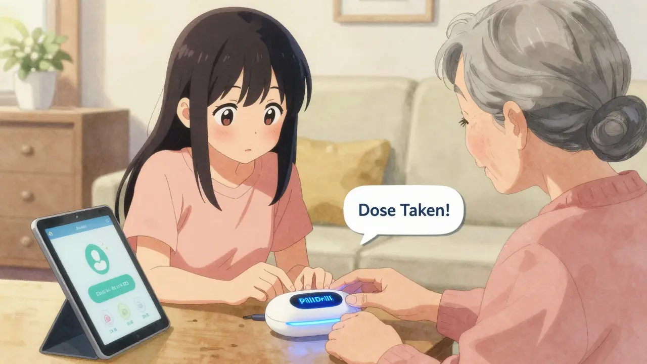 A daughter helps an elderly woman open a glowing smart pill organizer, with a caregiver alert visible on a nearby tablet.