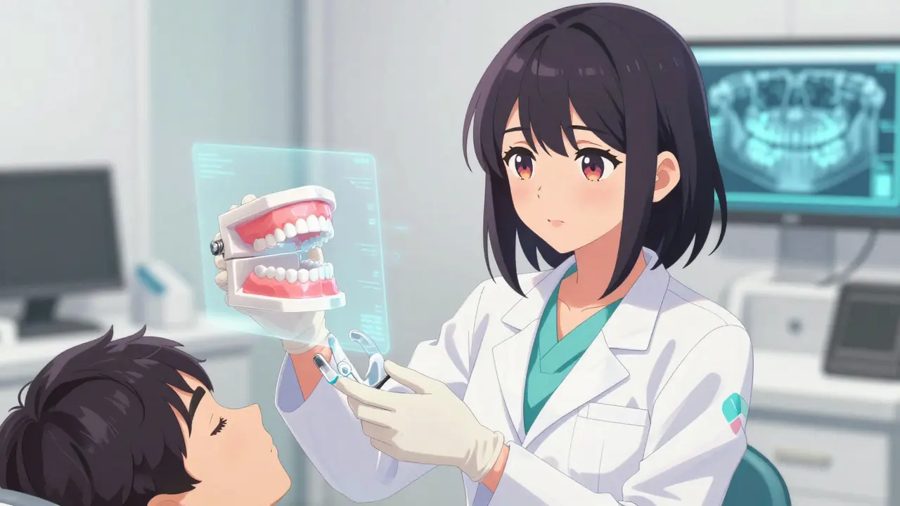 A female sleep dentist demonstrating a mandibular advancement device using a holographic airway model in a modern clinic.