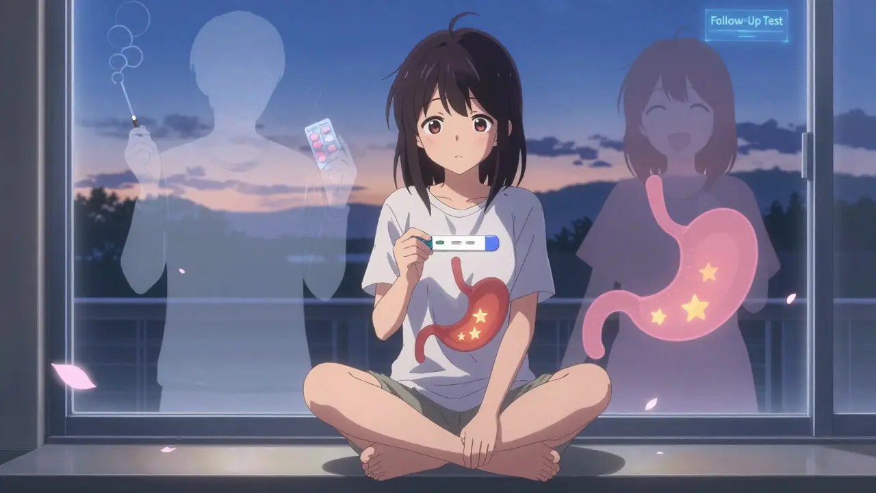 A girl holding a positive test result by a window, fading figures of risk factors beside her at dusk.