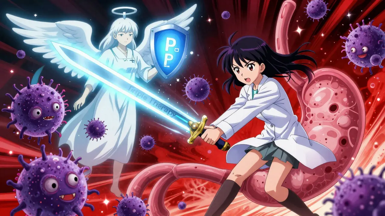 A girl in a lab coat fighting H. pylori monsters in a stylized stomach with antibiotic sword and acid shield.