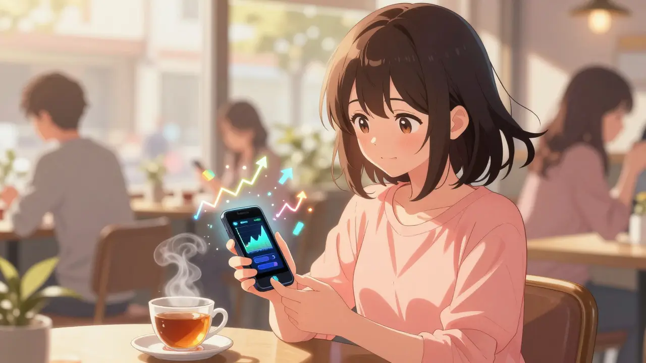 A girl scans her CGM sensor in a sunny café, digital glucose graphs shimmering in the air around her.