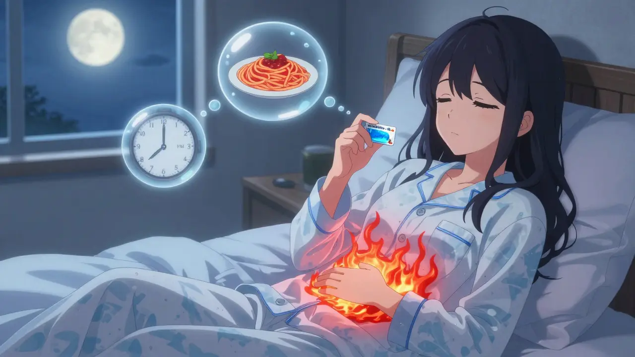 A girl taking an H2 blocker at bedtime, with blue waves suppressing acid flames in her stomach.
