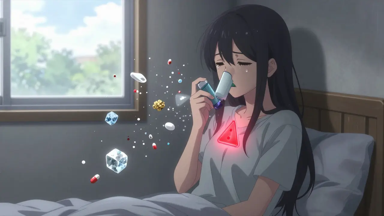 A girl with asthma clutches her inhaler as floating pill components swirl around her, symbolizing adverse reactions.