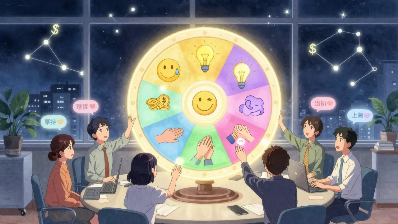 A glowing 7-dimension wellness wheel radiates benefits to employees in a small business setting.