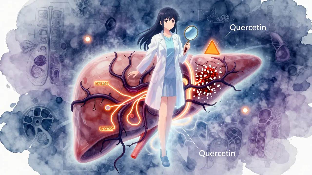 A glowing liver with dark vines blocking enzyme pathways, symbolizing quercetin's interference with drug metabolism.