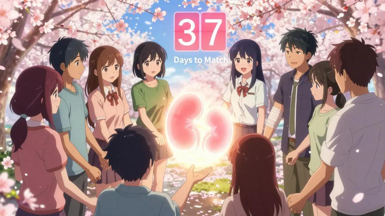A group of people holding hands around a glowing kidney light, with a donor and friend connecting, cherry blossoms falling.