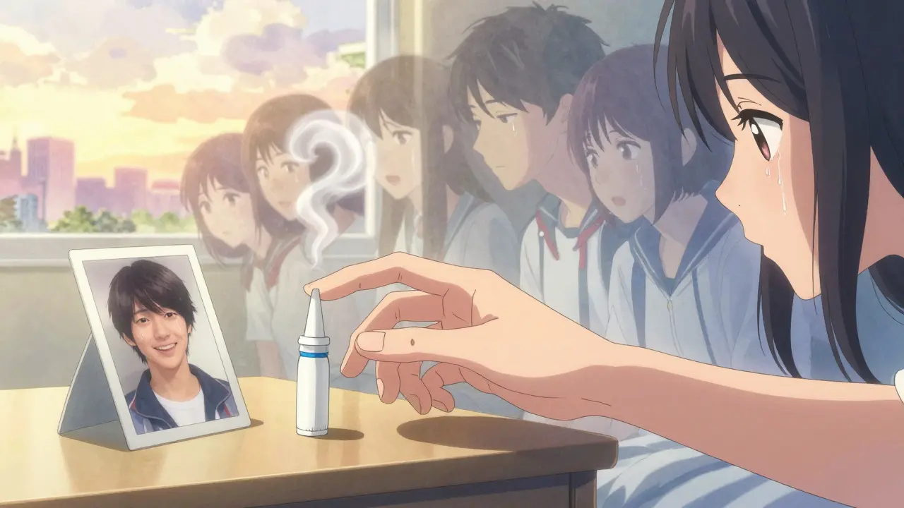 A hand places naloxone beside a photo of a lost friend, ghostly figures fading into dawn light, symbolizing overdose prevention.