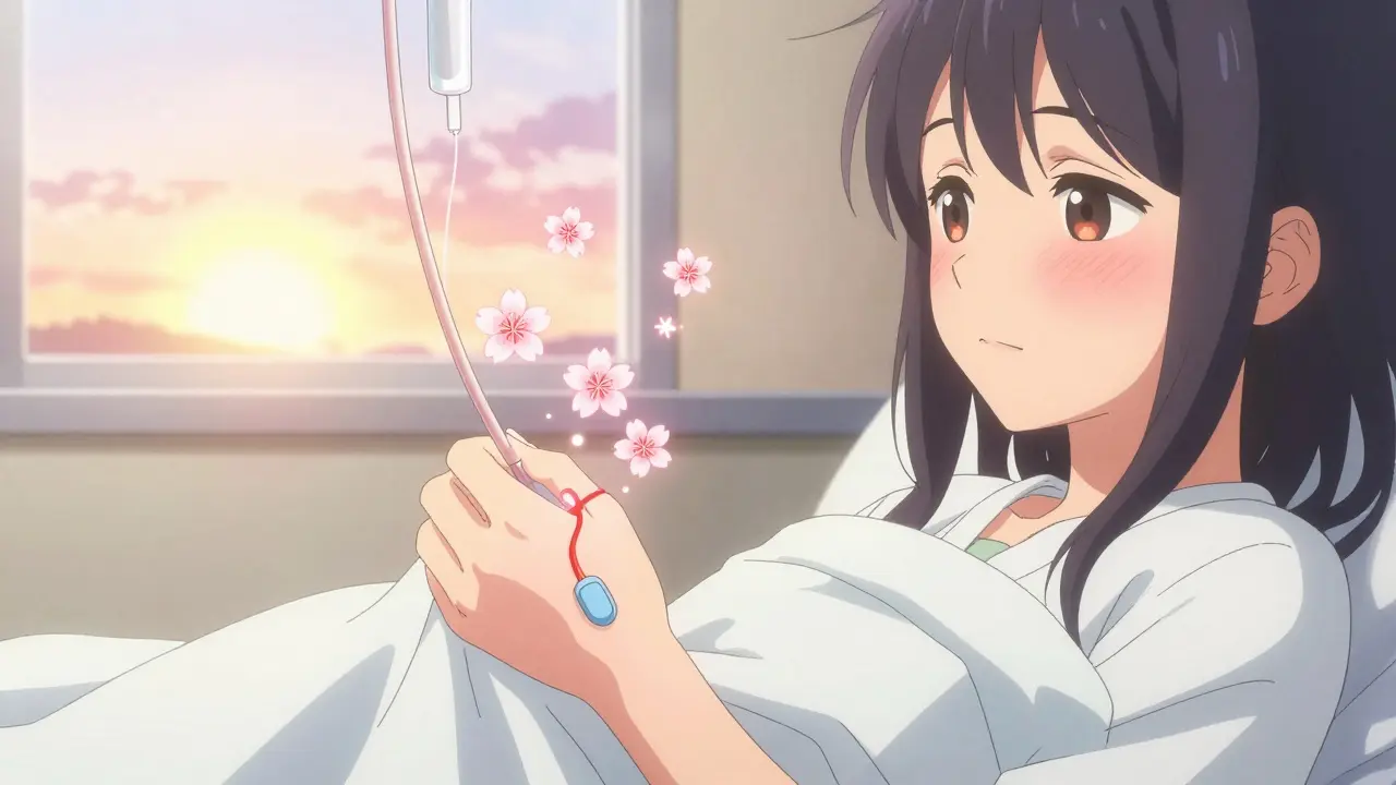 A patient's hand gripping a blanket as glowing histamine molecules fade like cherry blossoms, representing safe treatment.