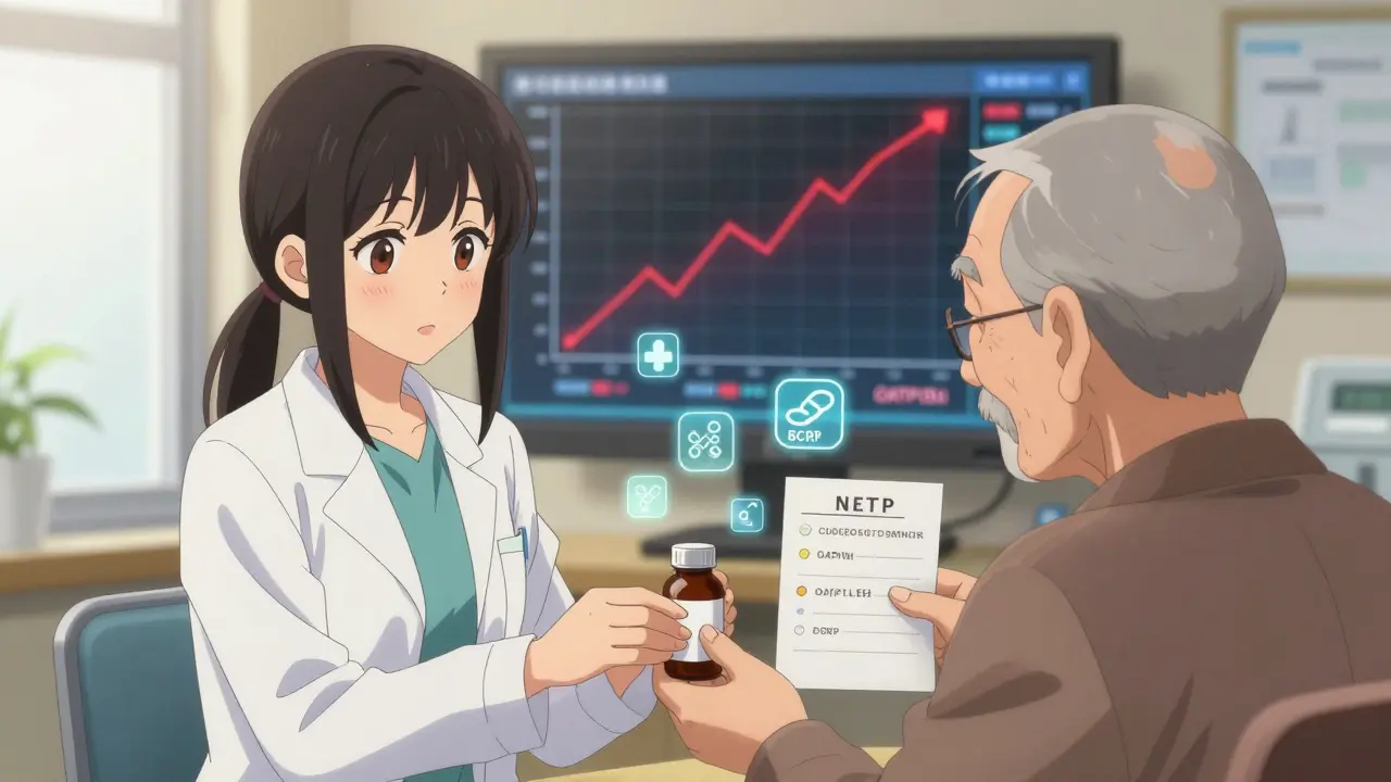 A pharmacist gently taking a supplement from an elderly patient, with a digital screen showing rising drug levels in the background.