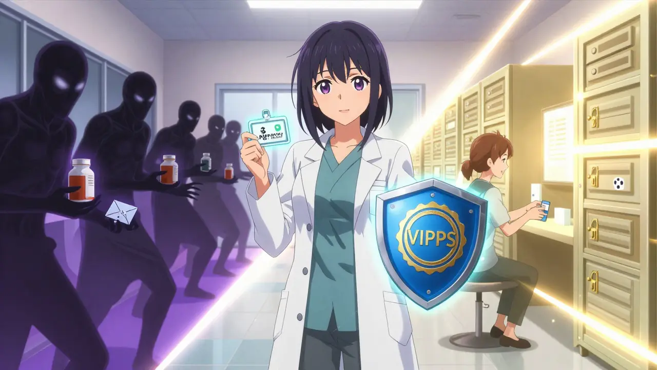 A pharmacist holding a glowing .pharmacy badge as a shield between dangerous and safe pathways.