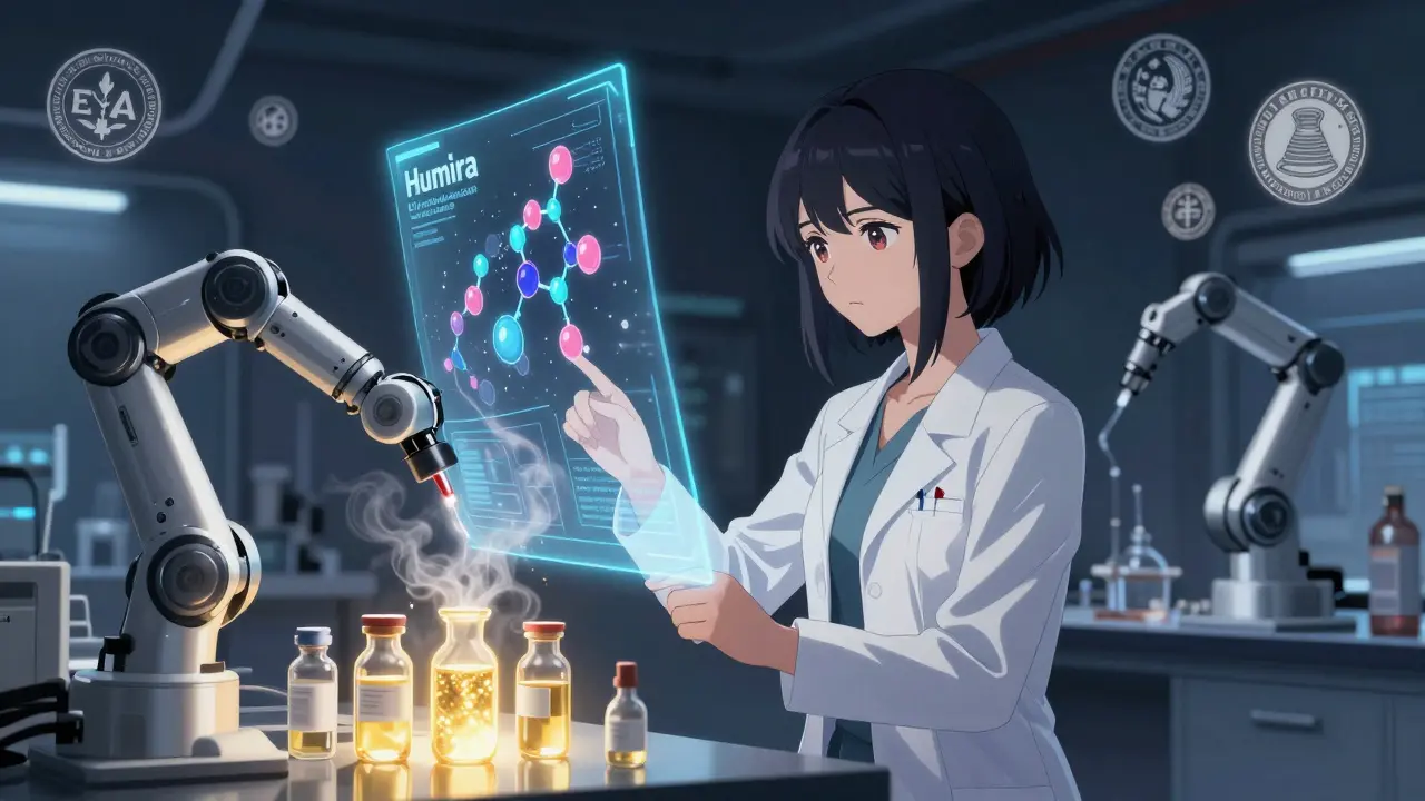 A scientist oversees robotic biosimilar production in a high-tech lab, holograms of molecules and regulatory seals floating nearby.