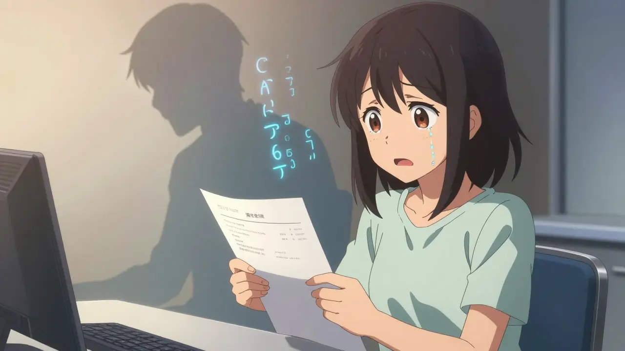 A teenage girl holding a genetic test result, spectral image of her father fading behind her in a hospital setting.