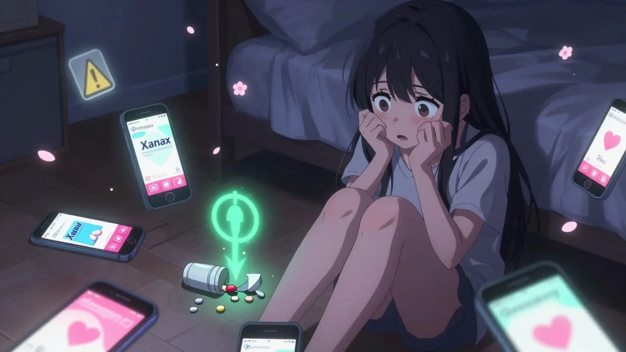 A teenager surrounded by phone screens showing fake pill ads, a crushed counterfeit pill emitting a fentanyl symbol.