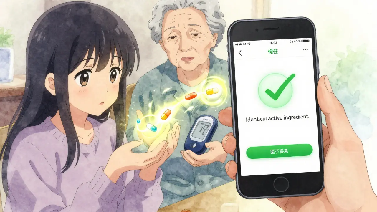 A teenager uses a phone app to compare a brand-name pill with its generic version, while an elderly woman reaches for her medication.