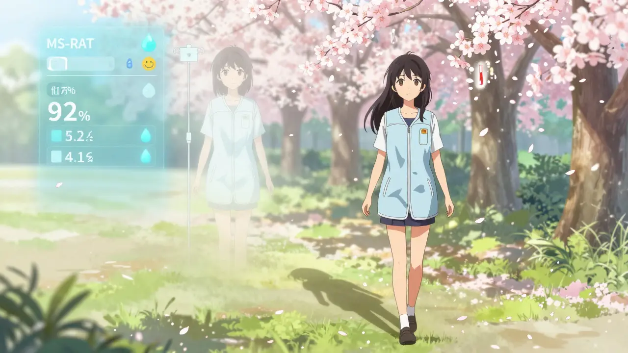 A woman in a cooling vest walks peacefully through a park as her past self fades away, symbolizing recovery without steroids.