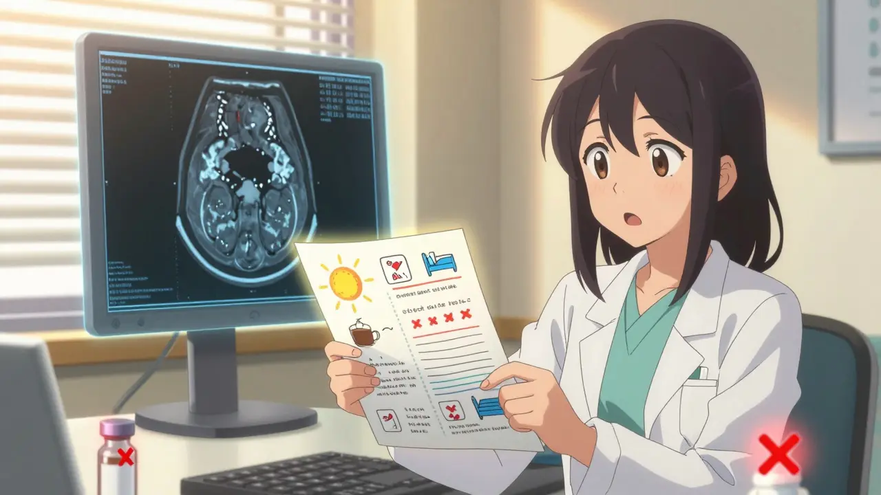 A woman presents a colorful symptom diary to her neurologist, with a transparent MRI showing no new lesions behind them.