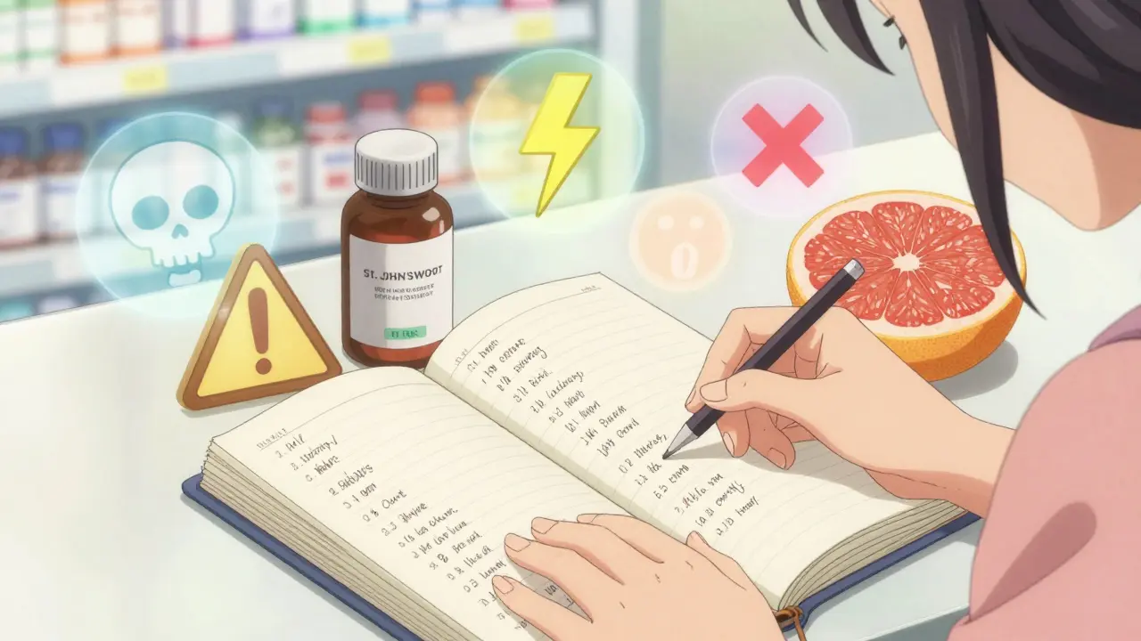 A woman’s hand holding a notebook with meds and supplements, surrounded by floating warning symbols.